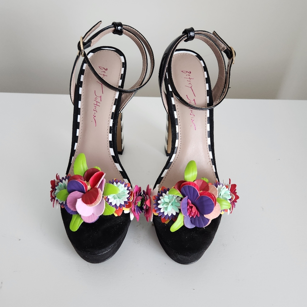 Betsey Johnson 3D Flower Embellished Heels with Ankle Strap, Women's 8M